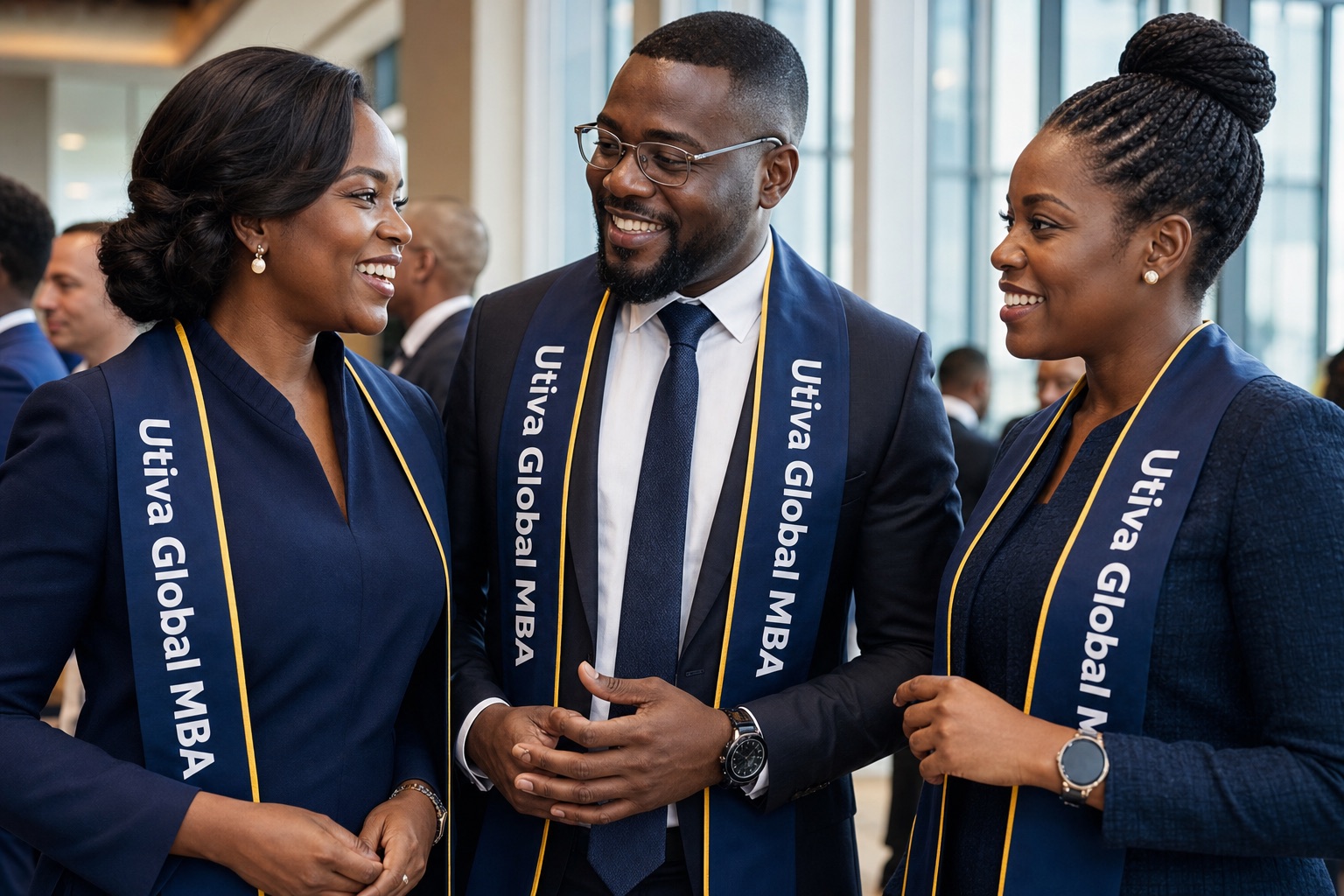 Illustrative African professionals in conversation wearing Utiva Global MBA graduation sashes