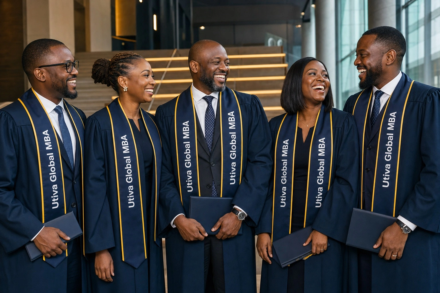 Illustrative Utiva Global MBA graduates wearing graduation sashes