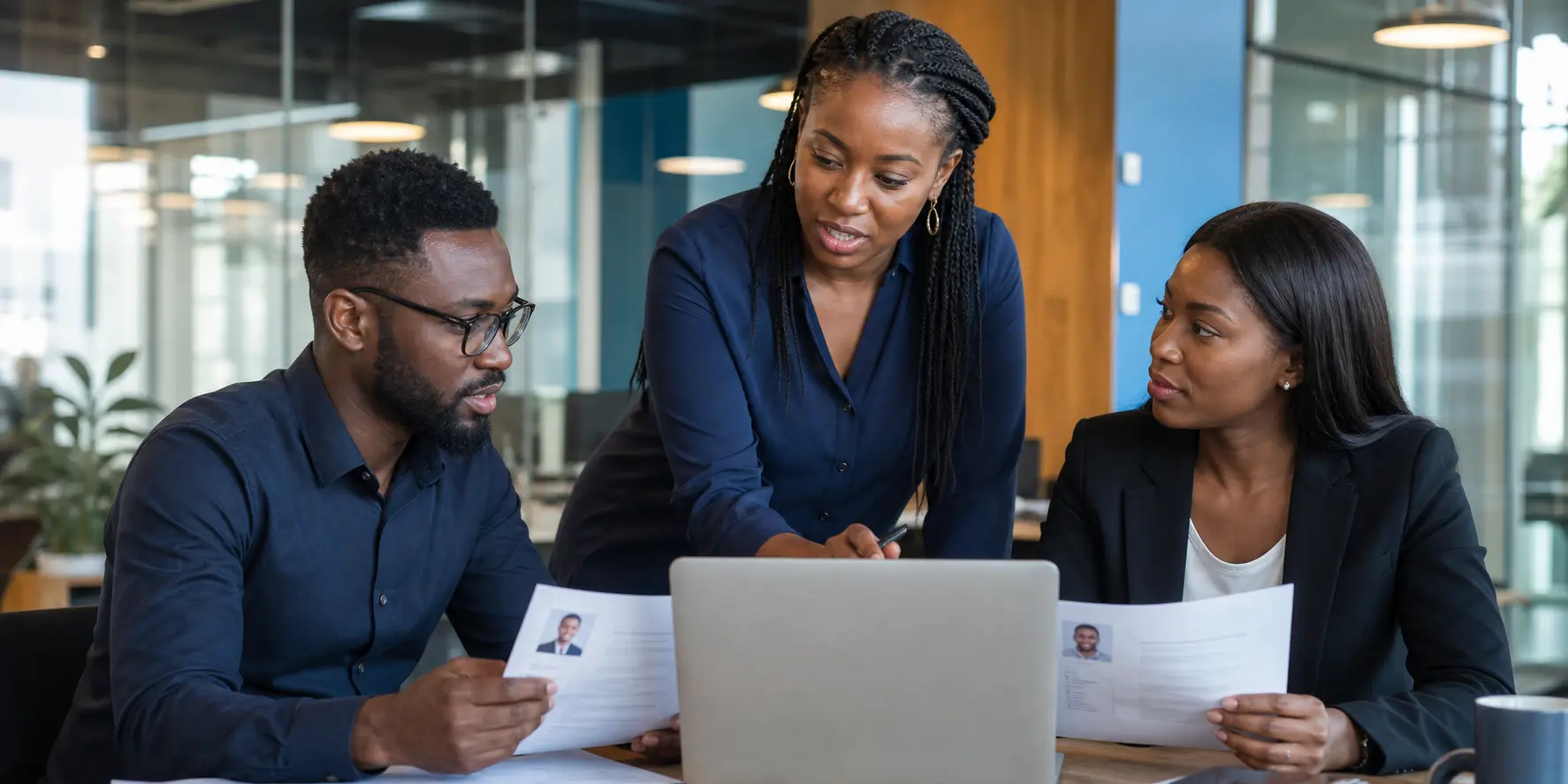 Hiring leaders reviewing shortlisted global talent