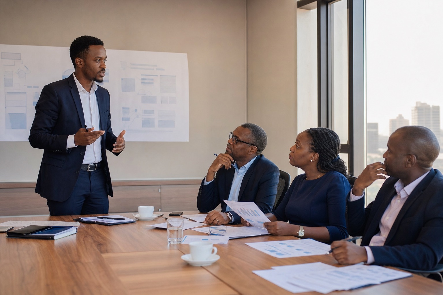 African professional presenting a strategy recommendation to business leaders